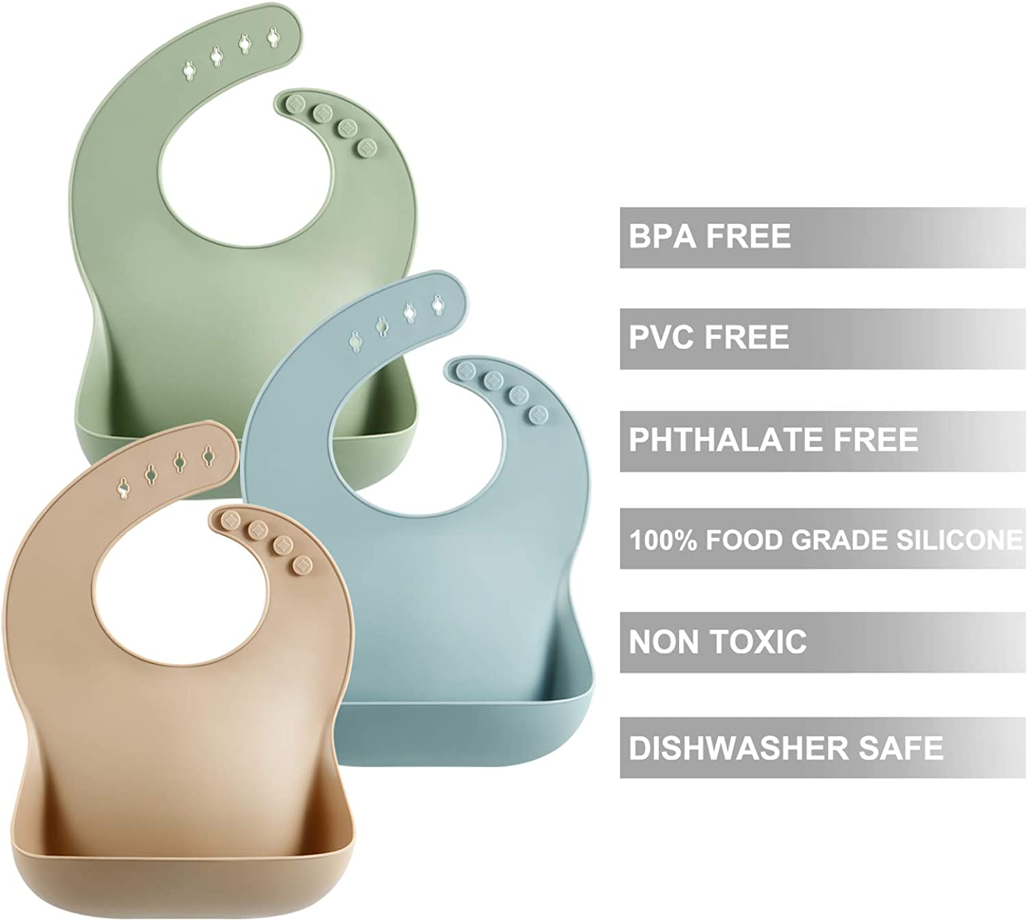 PandaEar Set of 3 Cute Silicone Baby Bibs for Babies & Toddlers (10-72 Months) Waterproof, Soft, Unisex, Non Messy (Brown/Blue/Green) - Image 5
